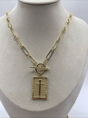 14K Gold Plated Bronze Toggle Cross Necklace Paperclip Chain 17”L W/2”L Extender